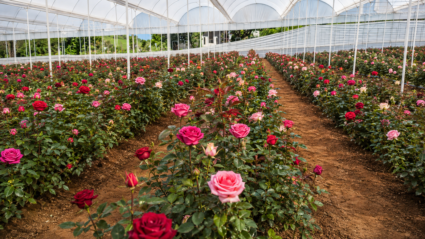 Rosas frescas cultivadas en invernadero